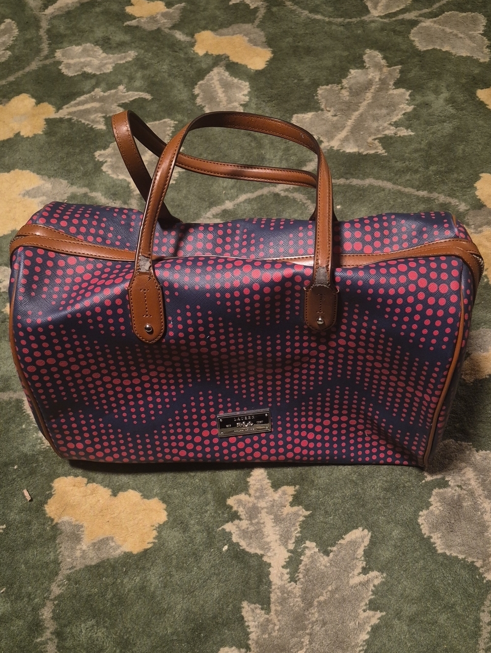 Polka Dot Weekender Bag - Navy & Pink with Brown Trim